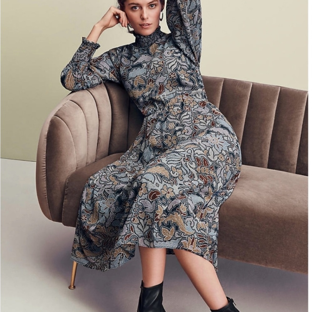 Ann Taylor Smocked Elegant Floral Turtleneck Dress